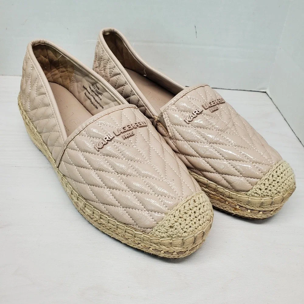 Karl Lagerfeld Paris Quilted Patent Espadrille Flats Slip On Shoes Women 11M